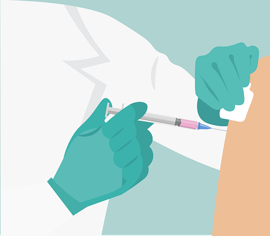 This cartoon shows a person in a white lab coat injecting a vaccine into patient’s arm.