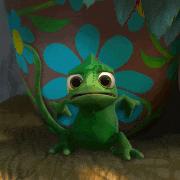 [An animated GIF is shown featuring Pascal from Tangled, looking stressed and breathing deeply as he changes from his natural green state to match his background, a painted pot featuring flowers with a yellow center, teal petals, and green stems. His face becomes the yellow center or a flower, a teal petal in the center of his chest, and his tail is a green stem.]