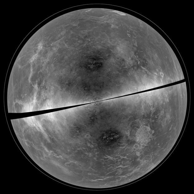 A black and white topographical map of one hemisphere of Venus. The map shows features on the surface of Venus in shades of grey with large almost black splotches and smaller grey ridges.