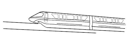 A black line drawing of two cars of Disney’s monorail system moving to the left of the page.