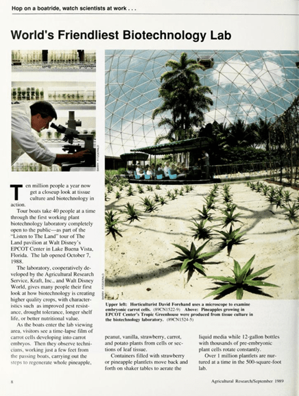  A magazine article that describes the Listen to the Land attraction as it stood in 1989 with photos of the boat ride and growing crops.
