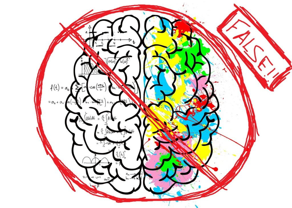 An illustration of a ‘left’ and ‘right’ brain, where one side is filled with math equations, and the other is filled with colorful blots. The author scribbled an ‘X’ over this .
