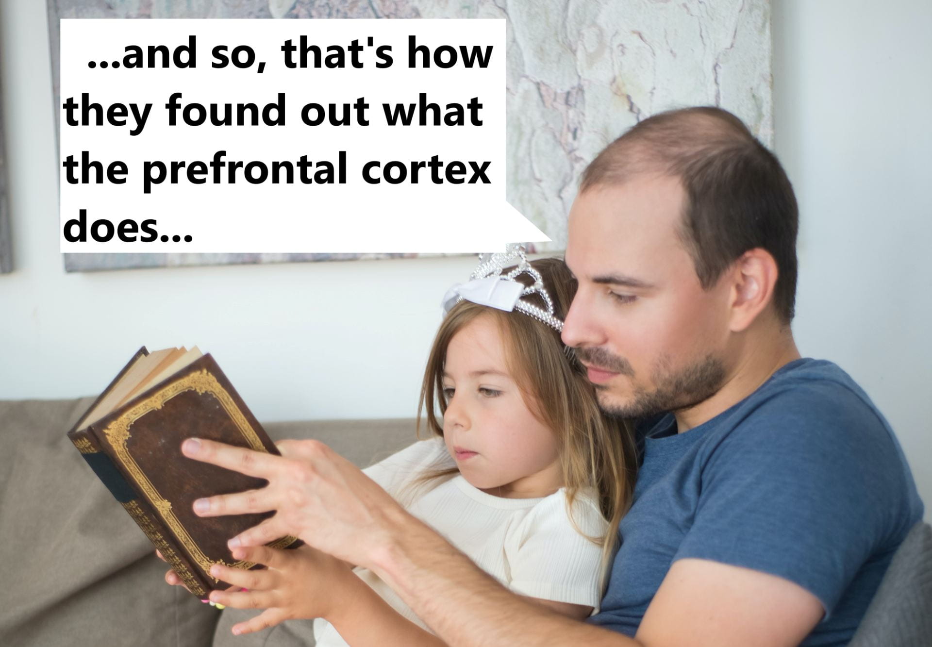 [A father, reading a book with his daughter on the couch, is saying ‘...and so, that’s how they found out what the prefrontal cortex does…’]