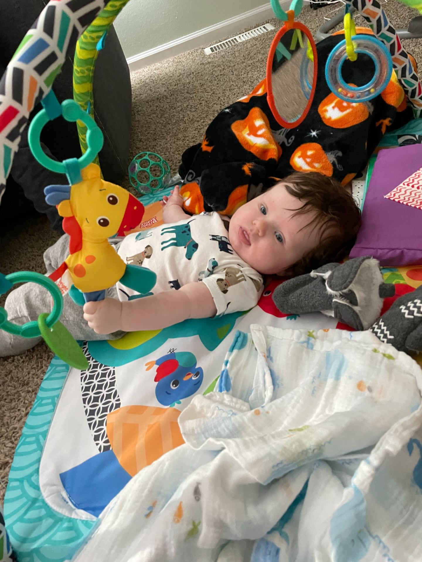 A 3 month old is on a play mat with foam arches that toys hang from. The baby is grasping a cartoon plush giraffe that's hanging from a foam arch