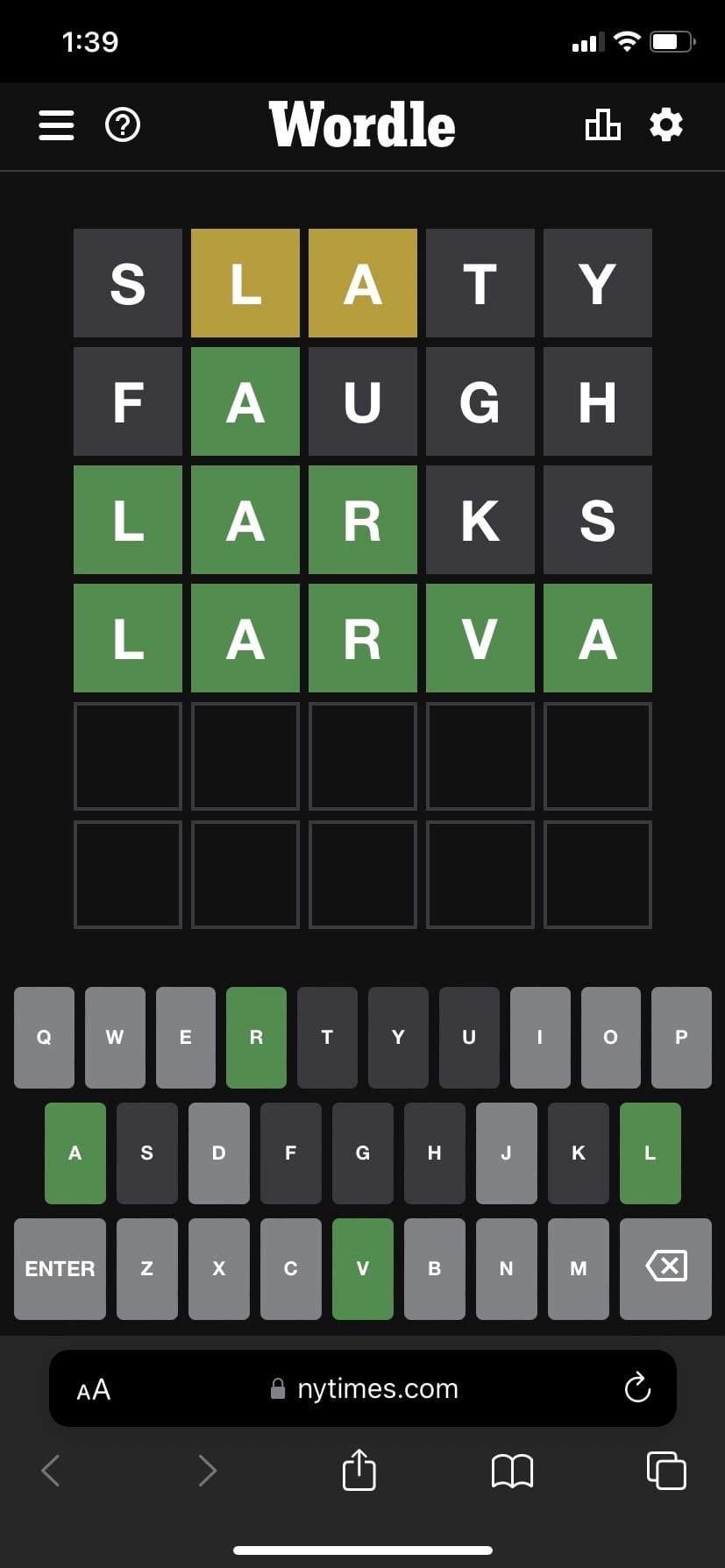[A screenshot of the Wordle website, with four guesses and varying yellow, green, and gray tiles. Word guesses include slaty, faugh, larks, and larva with larva being the correct response.]