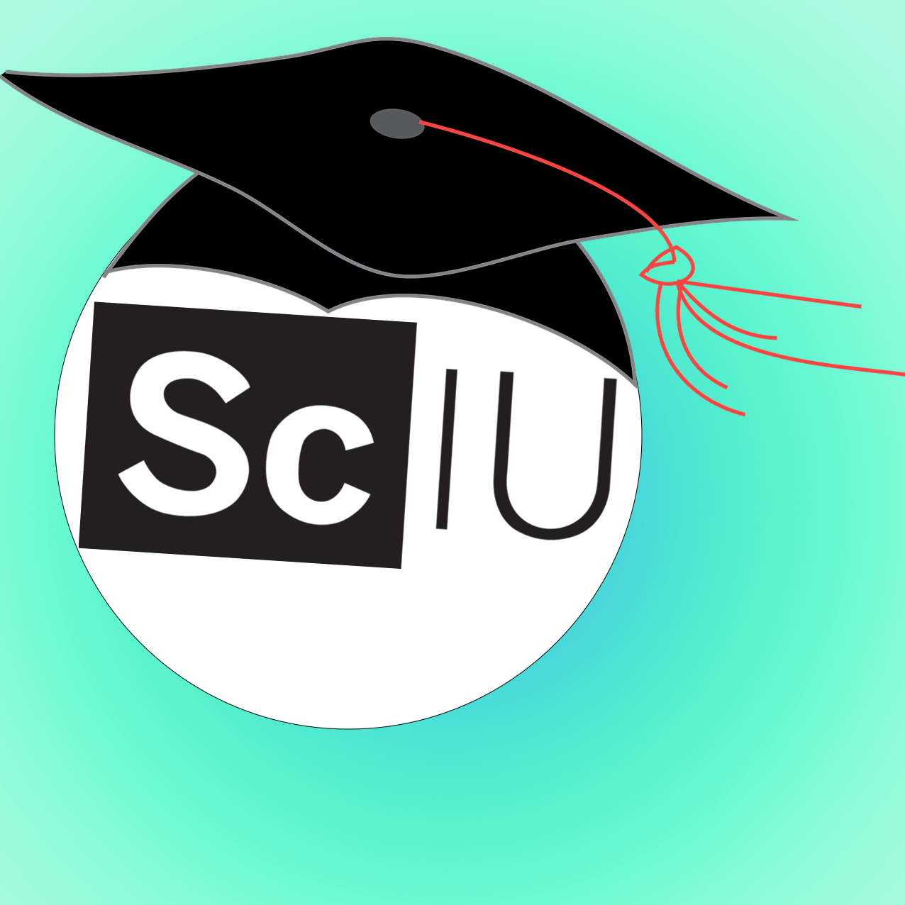 ScIU logo wearing a graduation cap against a green background