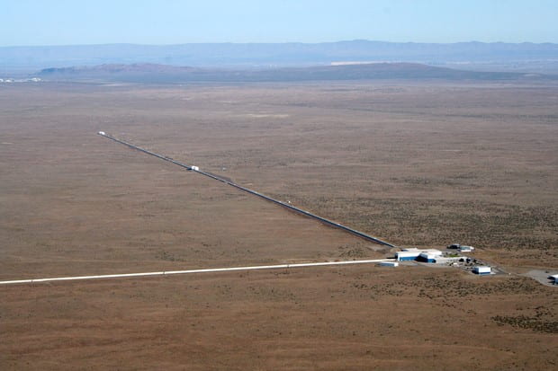 An aerial view of one of the detectors of the LIGO/VIRGO Collaboration. Two 4 km arms extend from the main building through the arid land of Hanford, Washington.