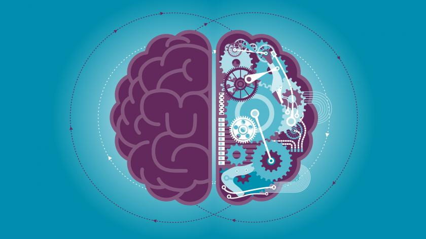 [A cartoon drawing of a brain with the left hemisphere depicted with brain tissues and the right hemisphere a circuit board with cogs and gears.]