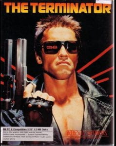 Image of the front CD cover of the film, The Terminator. The cover features an image of actor Arnold Schwarzenegger as the titular character. 