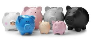 Multiple piggy banks in different sizes and colors.