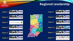 Map of Indiana depicting the 12 WorkOne regions. (Regional map and contact are linked in the text.)