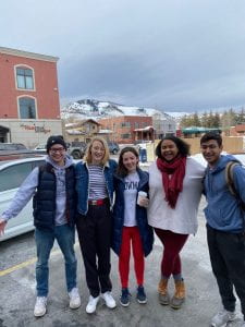 (From left to right) Sean Reddy (Films Committee member), Kat Ellingson (Canvas Creative Arts Magazine director), Reilly Woehler (Lectures Committee member), LaSabra Williams (SILC Program Coordinator), and Sahil Patel (Films Committee director) in Park City, Utah for the 2020 Sundance Film Festival.