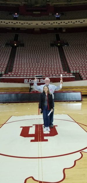 Barbara Singer and Russ Kennedy on the court at Simon Skjodt Assembly Hall.