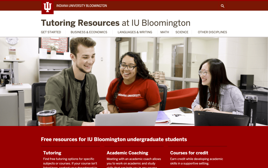 Screenshot of the homepage of tutoring.indiana.edu