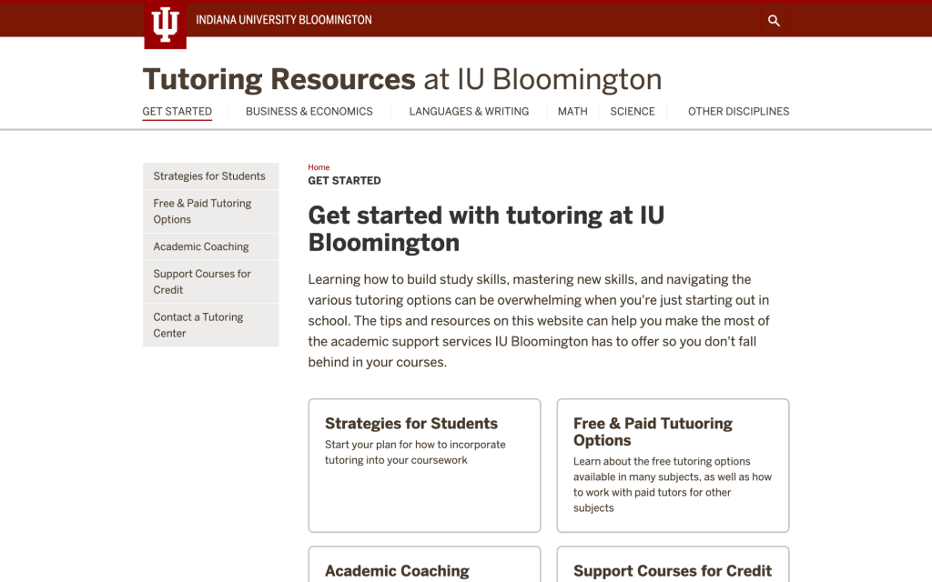 Screenshot of the get started section on tutoring.indiana.edu
