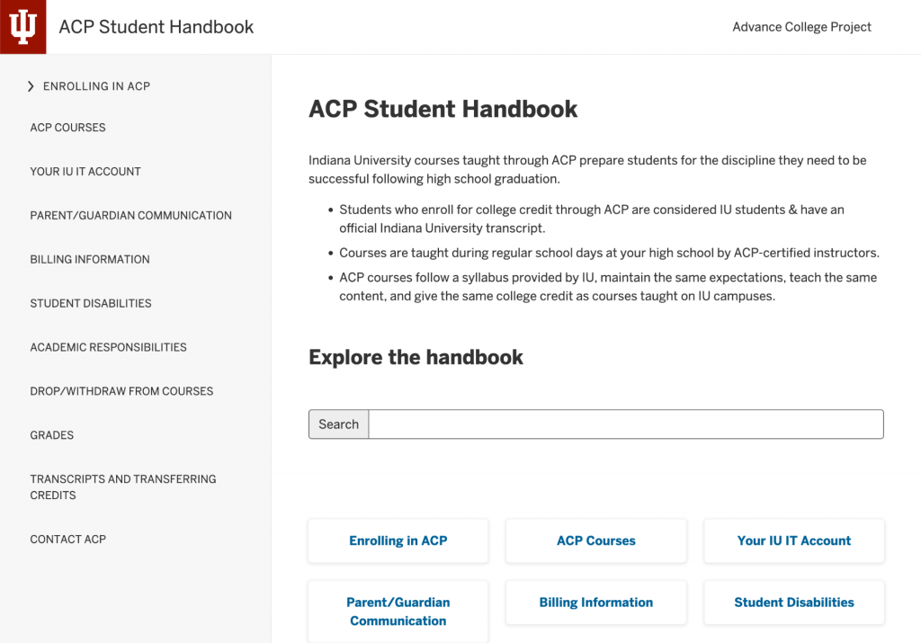 The new ACP Student Handbook site with information for ACP students about registration, grades, and transferring credit.