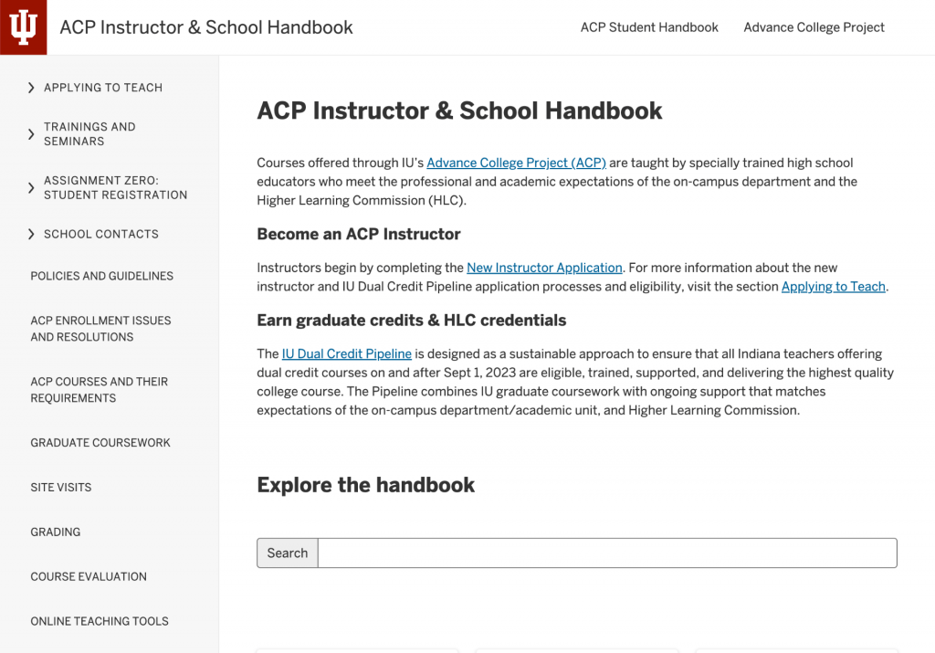 The ACP Instructor and School Handbook with information about applying to teach with ACP, administering classes, and IU policies